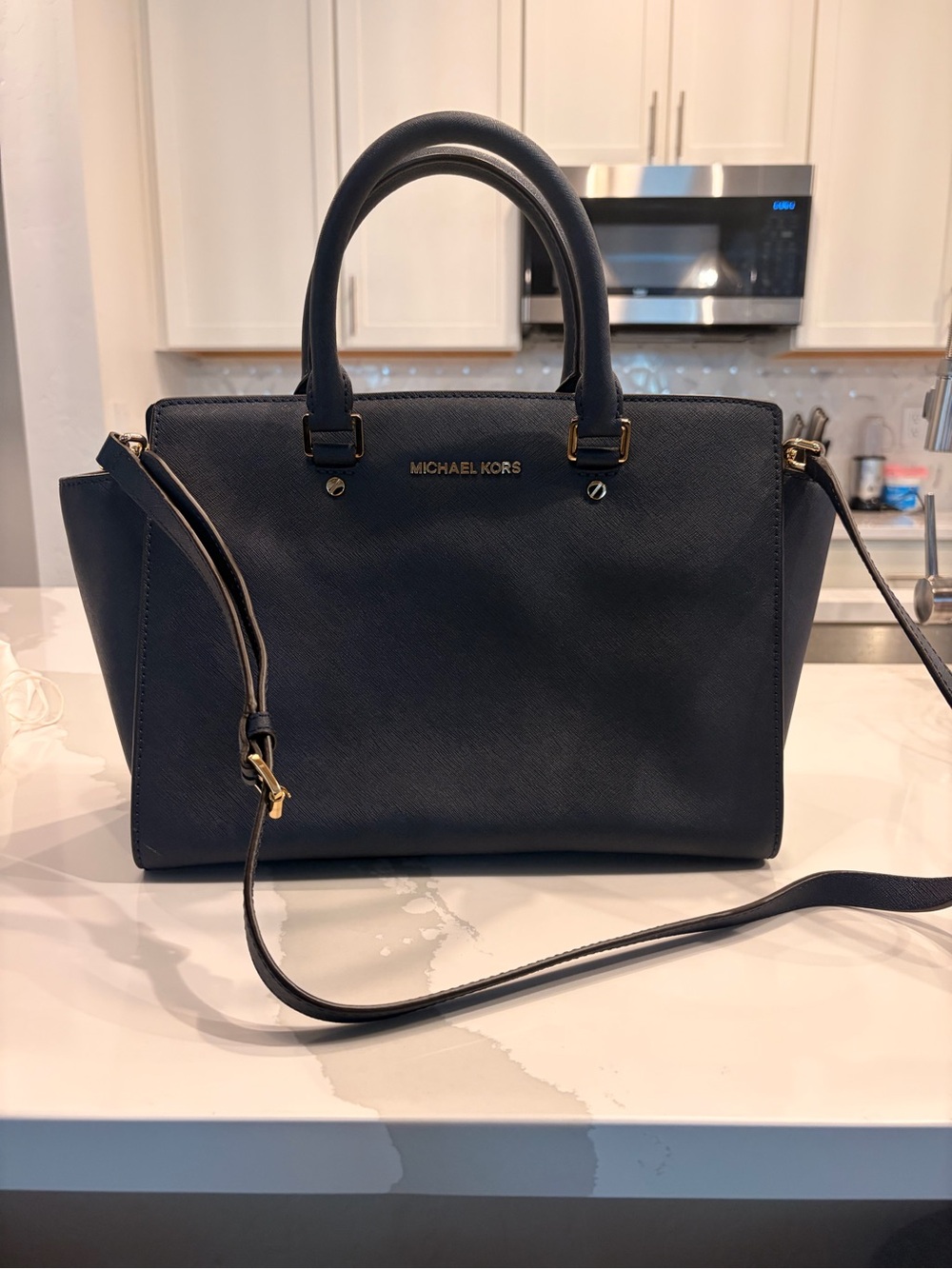 Michael Kors Navy Textured Saffiano Satchel with Detachable Strap